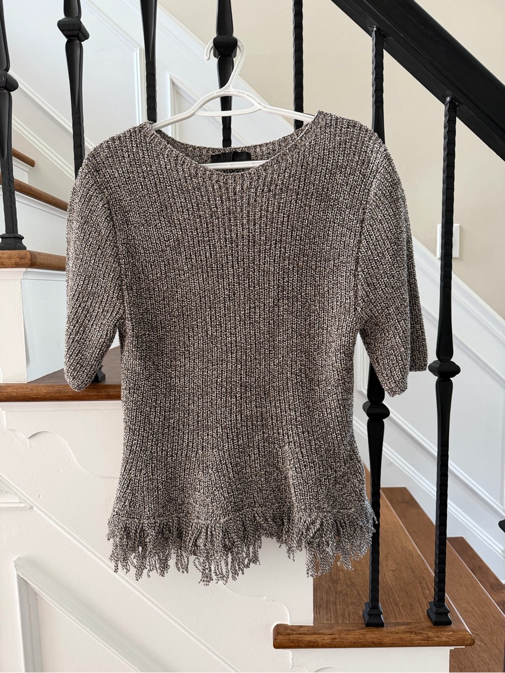 Zara Taupe Fringe-Hem Short Sleeve Crew Sweater